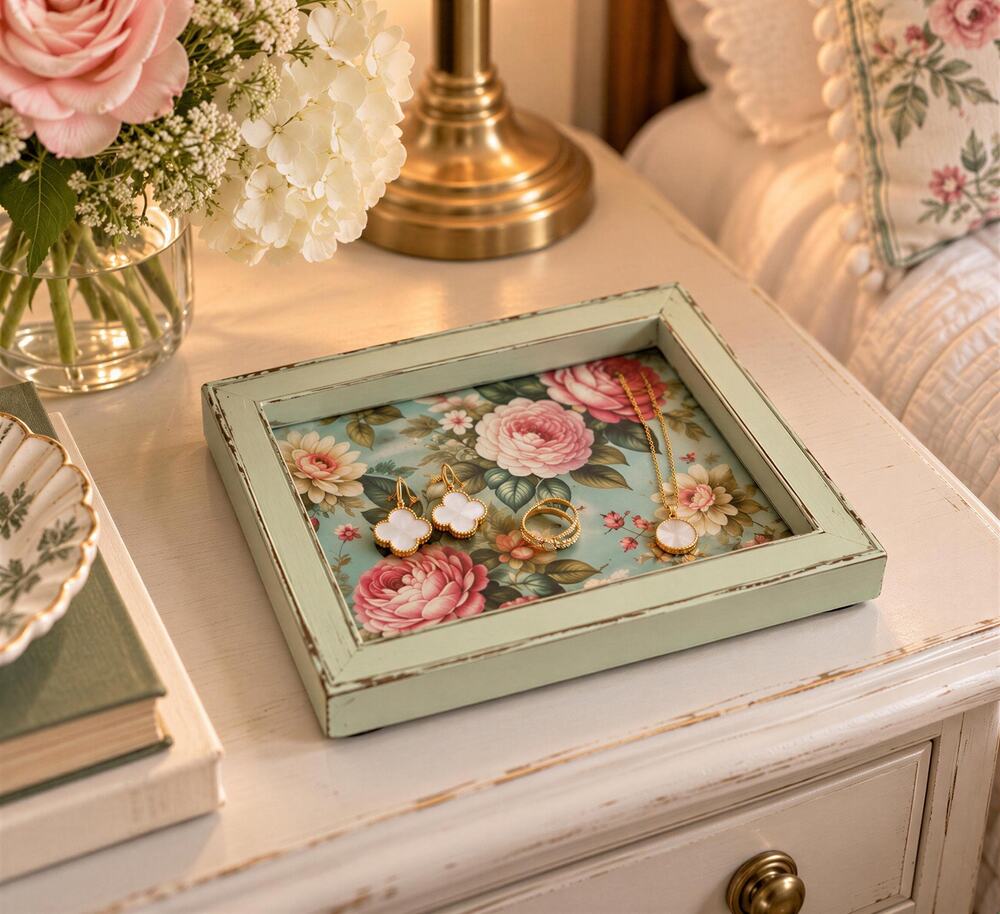 Upcycled Floral Jewelry Tray, Light Green Frame, Rose Design (7.75"x5.75")